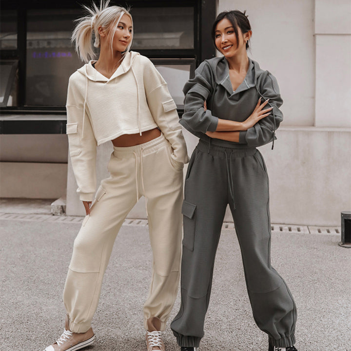 Damen nan Cropped Kapuzenpullover mit Highwaist Cargo-Joggingshose Set Echo Archiv