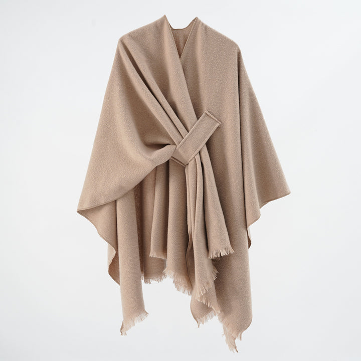 Damen Strickponcho mit geometrischem Blockmuster und Fransen Echo Archiv