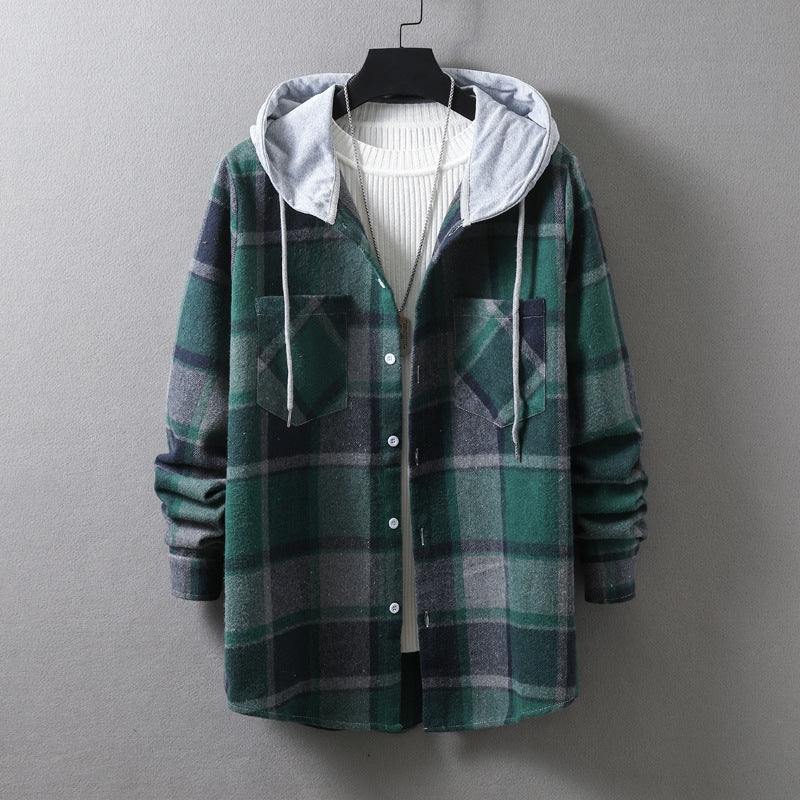 Herren lässige Flanell-Hemdjacke mit Kapuze und grafischem Karomuster Echoarchiv