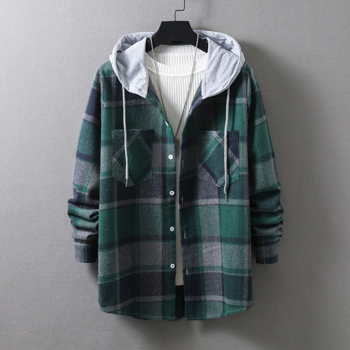 Herren lässige Flanell-Hemdjacke mit Kapuze und grafischem Karomuster Echoarchiv