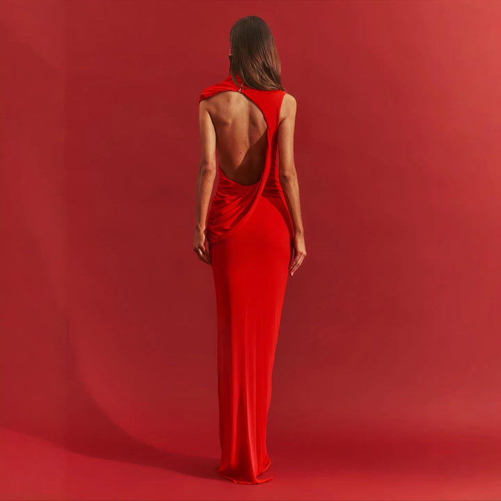 Damen stilvolles Maxikleid mit asymmetrischem Schnitt und hohem Stehkragen Echo Archiv