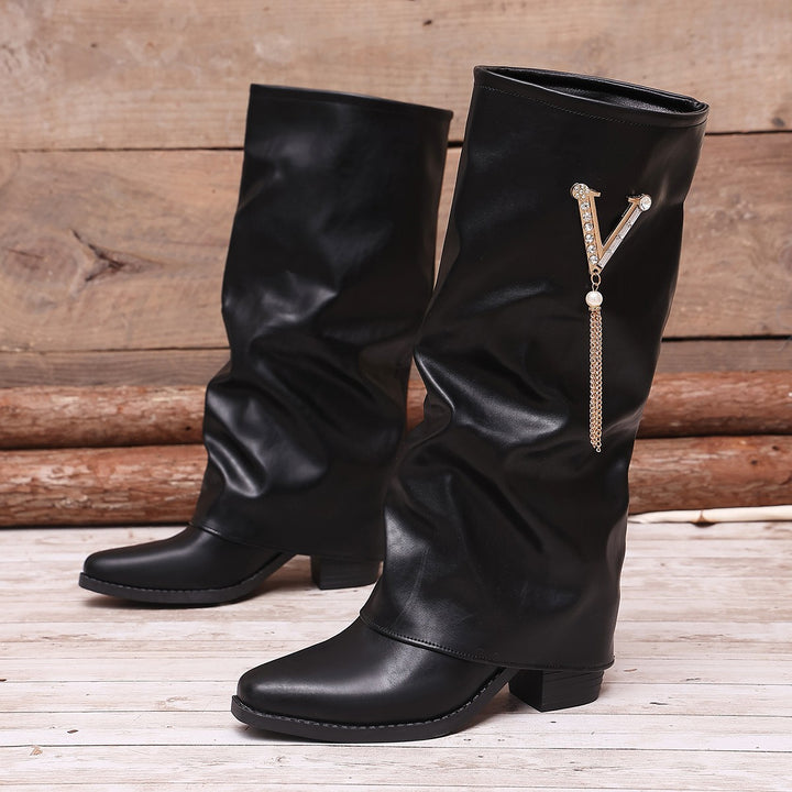 Damen Kniehohe Slouch‑Stiefel mit Strassbesatz und mittlerem Blockabsatz – Lioré