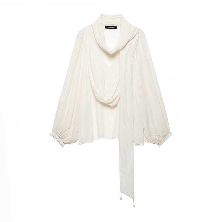 Damen Plissierte Oversize-Bluse mit Schlauchkragen und dekorativem Bindeschal Echoarchiv
