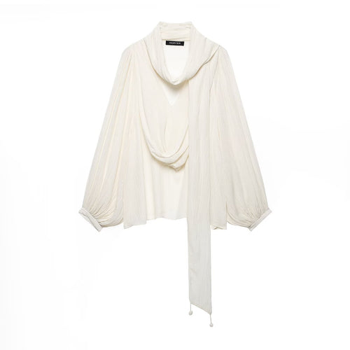 Damen Plissierte Oversize-Bluse mit Schlauchkragen und dekorativem Bindeschal Echoarchiv