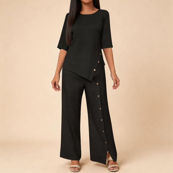 Damen asymmetrisches zweiteiliges Lounge-Set mit 3/4-Ärmeln und seitlicher Knopfverzierung Echoarchiv