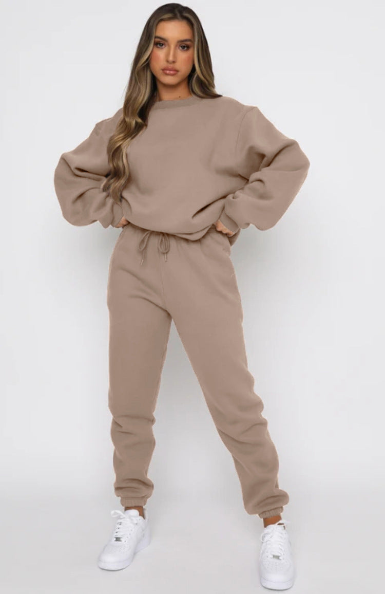 Damen zweiteiliges Cozy-Loungewear-Set mit Oversize-Rundhals und hochgeschnittener Jogginghose mit Kordelzug – Élanora