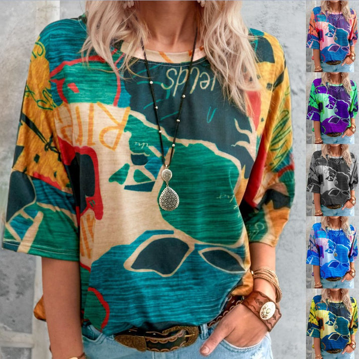 Damen Lockere Viskose Druckbluse mit halblangen Ärmeln und Rundhalsausschnitt – Élovi