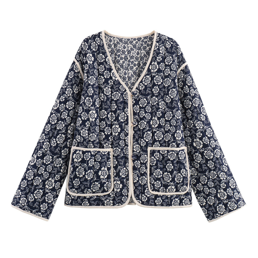 Damen gesteppte Jacke mit floralem Allover, V-Ausschnitt, Kontrastpaspel und aufgesetzten Taschen Echo Archiv