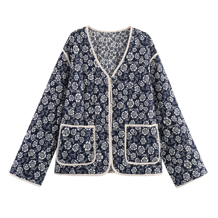 Damen gesteppte Jacke mit floralem Allover, V-Ausschnitt, Kontrastpaspel und aufgesetzten Taschen Echo Archiv