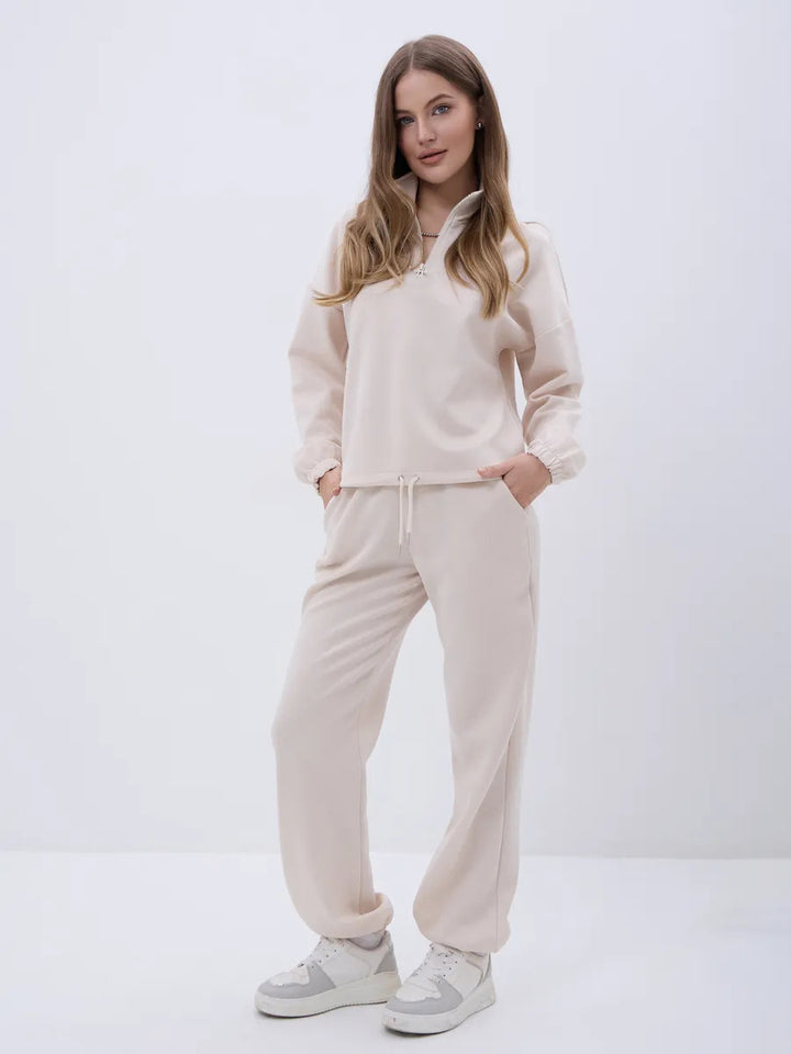 Damen weiches Lounge-Set mit halbem Reißverschluss, Kordelzughose und elastischen Bündchen – Avérine