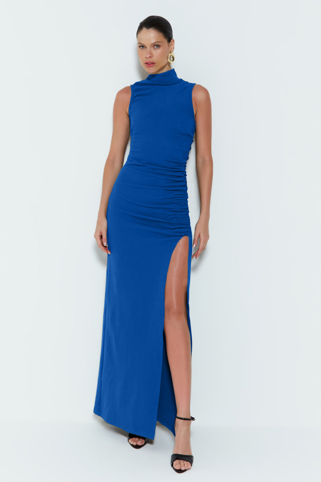 Damen Figurbetontes Maxikleid mit Stehkragen und geschmeidigem Rüschen-Design Echo Archiv