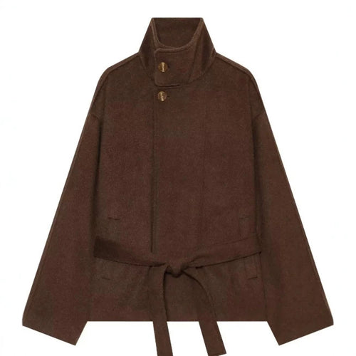 Damen Kurzer Wollmix‑Capecoat mit hohem Stehkragen, verdeckter Knopfleiste und Taillenbindegürtel Echo Archiv