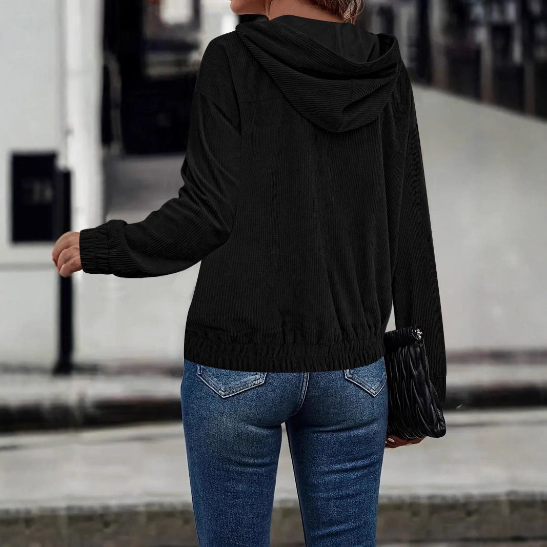 Damen Casual Cord-Hoodiejacke mit feiner Kordsamtstruktur, durchgehendem Reißverschluss und elastischem Saum – Célinea