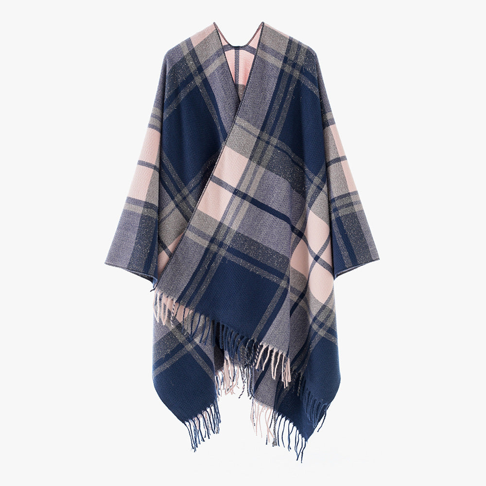 Damen Karierter Cape-Überwurf im Oversize-Stil aus Wollmix mit Fransensaum – Montévia