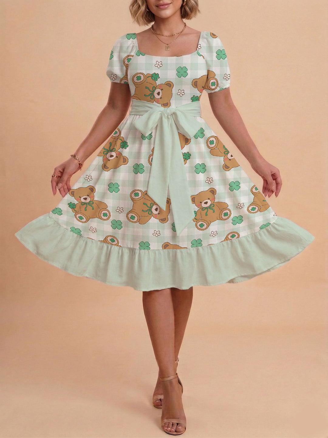 Damen Verspieltes Maxikleid mit Bärenmuster und taillierbarem Band Echo Archiv