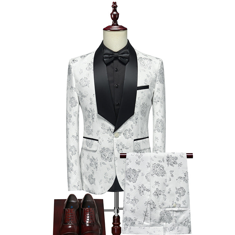 Herren Luxuriöses dreiteiliges Smoking-Set mit Schalrevers und Blumen-Jacquard Echo Archiv