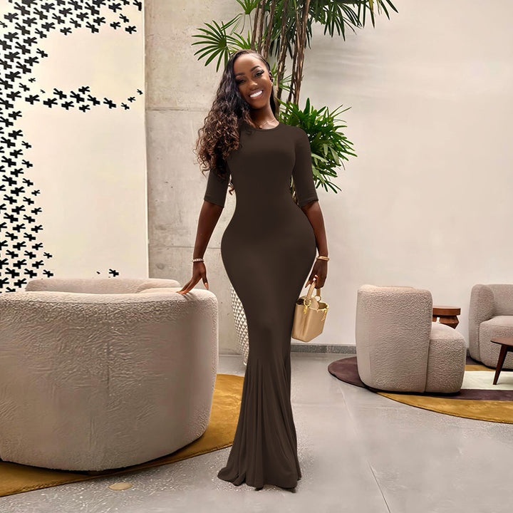 Damen figurbetontes Maxikleid mit Trompetensaum und Dreiviertelärmeln – Avérine