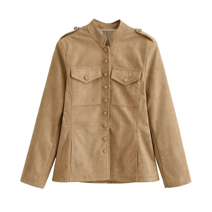 Damen taillierte Safari-Jacke in Velourslederoptik mit Pattentaschen Echo Archiv