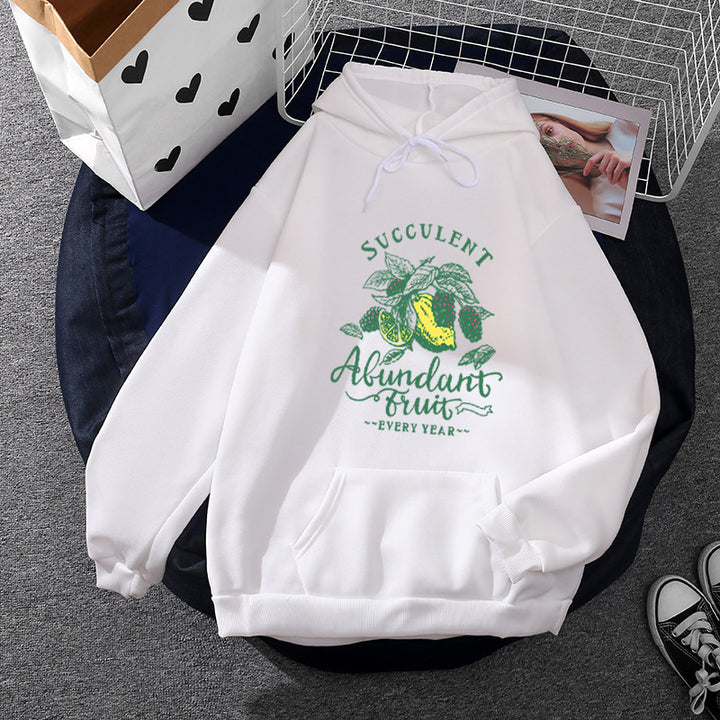 Damen Kapuzenpullover im Relaxed-Fit mit botanischer Frucht-Illustration und Kängurutasche – Auréline