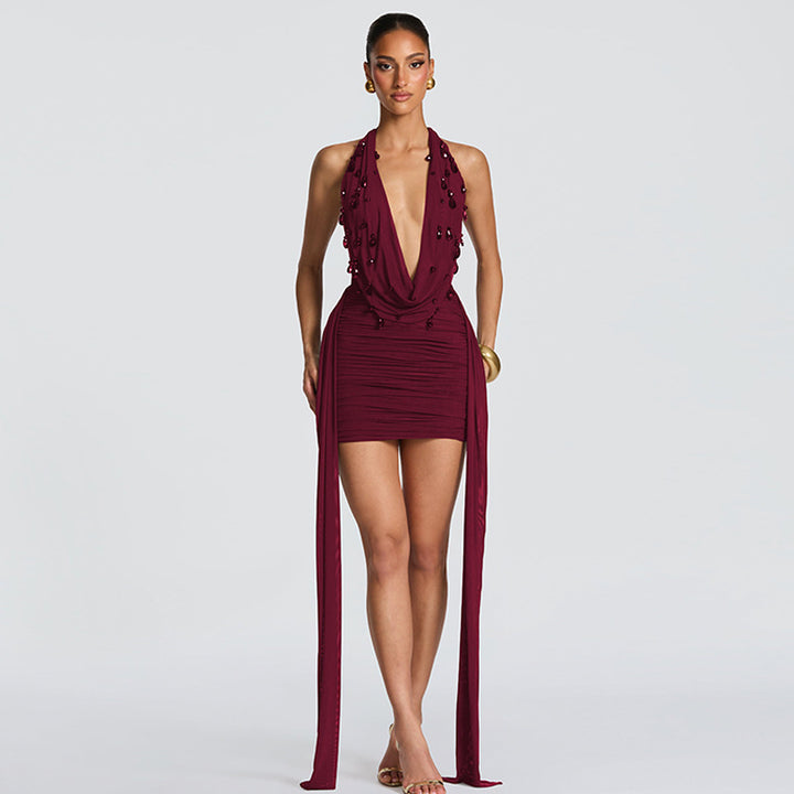 Damen Elegantes Minikleid mit tiefem V-Ausschnitt und fließenden Drapierungen Echo Archiv