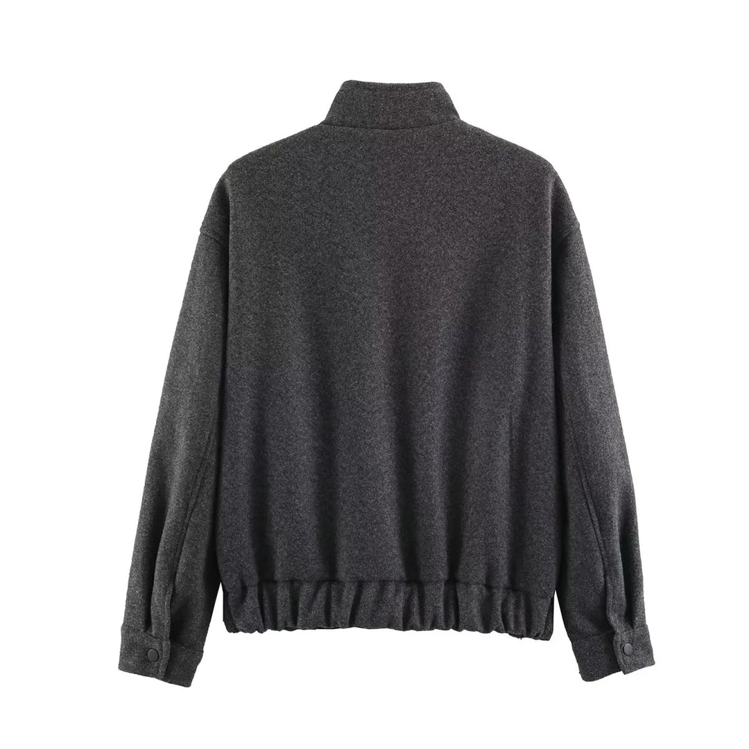 Damen kurz geschnittene Boxy Wollblouson mit Stehkragen Gummibund und großen aufgesetzten Klappentaschen – Célinea