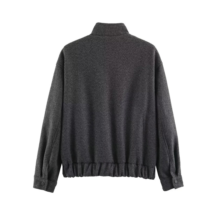 Damen kurz geschnittene Boxy Wollblouson mit Stehkragen Gummibund und großen aufgesetzten Klappentaschen – Célinea