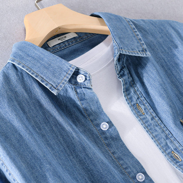 Herren Washed-Denim-Überhemd im Relaxed-Fit mit Brusttasche und kontrastreicher Naht Echoarchiv