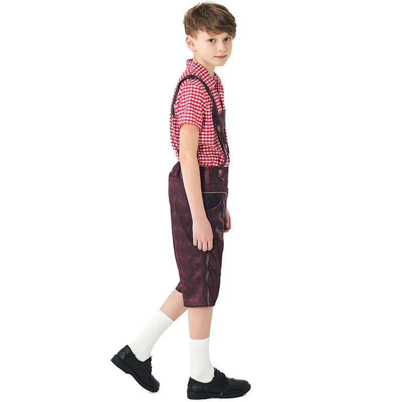 Damen nan traditionelle Trachtenlederhose mit verstellbaren Trägern und kariertem Blusen-Set Echo Archiv