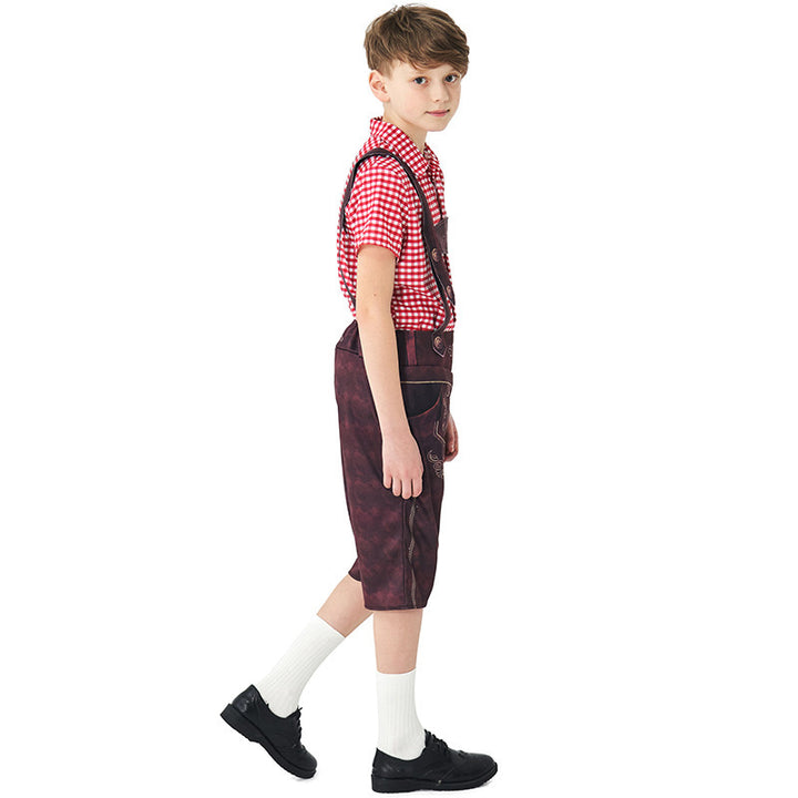 Damen nan traditionelle Trachtenlederhose mit verstellbaren Trägern und kariertem Blusen-Set Echo Archiv