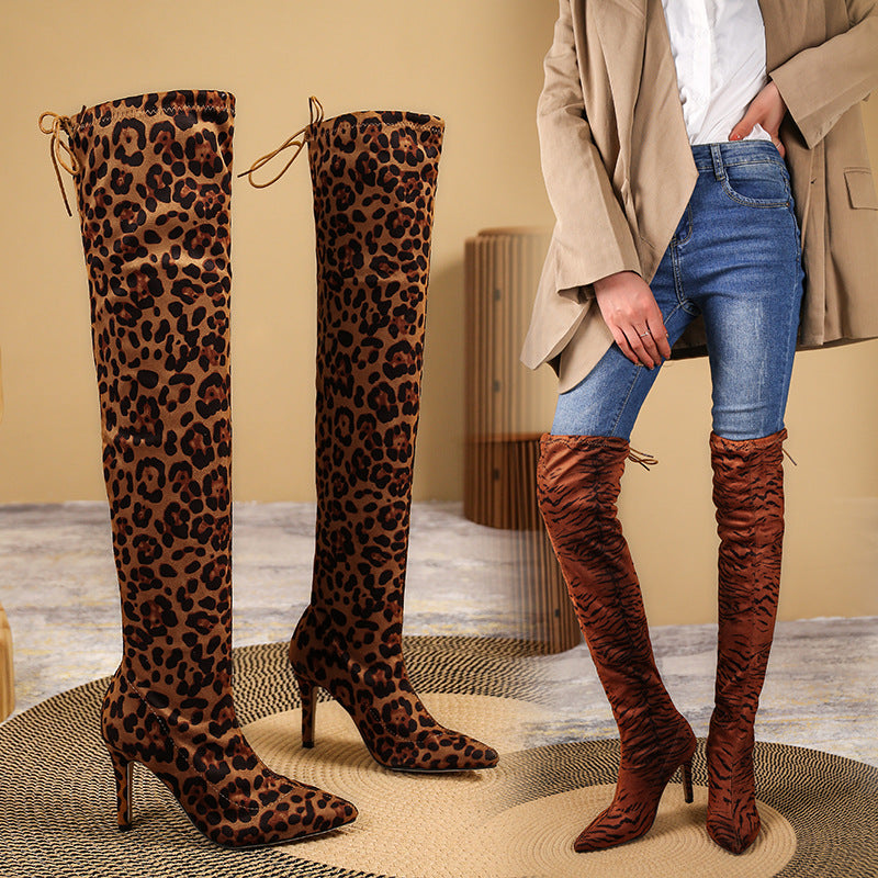 Damen Overknee-Stiefel mit Leopardenprint, schlanker Stiletto‑Form Echo Archiv
