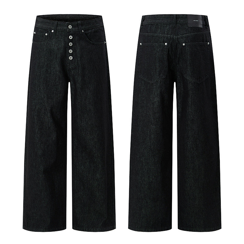 Herren Hochtaillierte weite Denim-Hose mit sichtbarer Knopfleiste und extra langem Saum Echo Archiv
