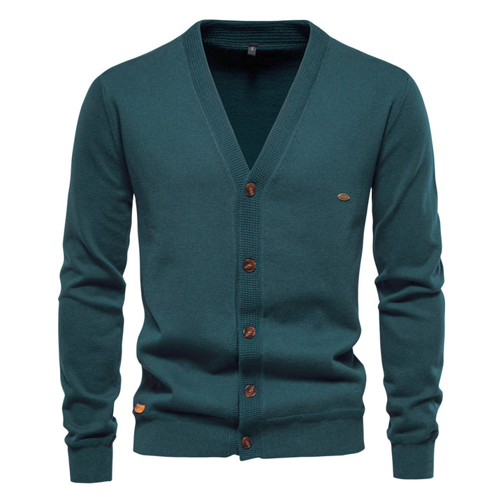 Herren Strickjacke mit V-Ausschnitt und modischen Holzknöpfen Echoarchiv