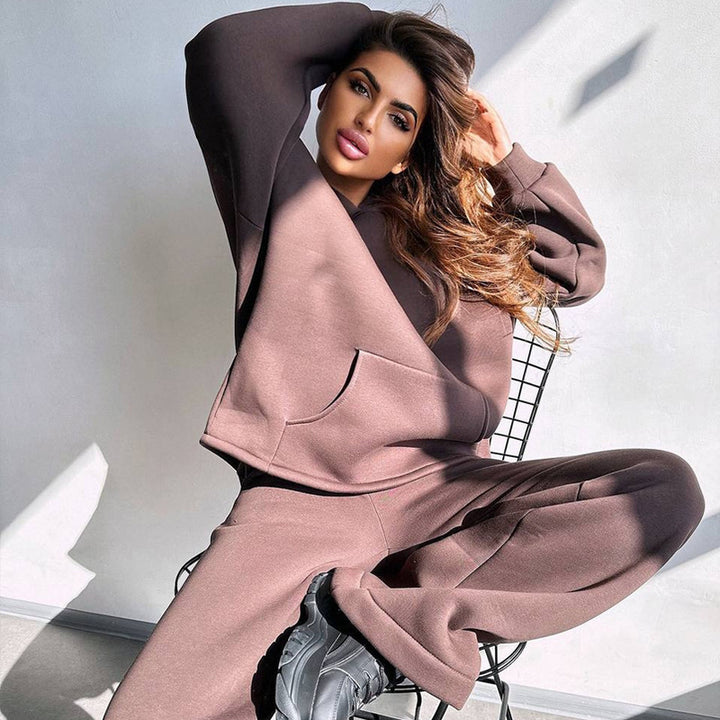 Damen Scuba-Fleece Lounge-Set mit Oversize-Kapuzenpullover und weiter Flare-Hose – Auréline