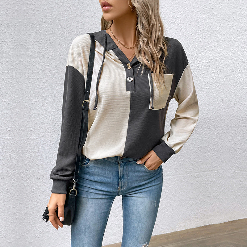 Damen Lässiges Colorblock-Hoodie-Henley mit Waffelstruktur und Brusttasche Echoarchiv