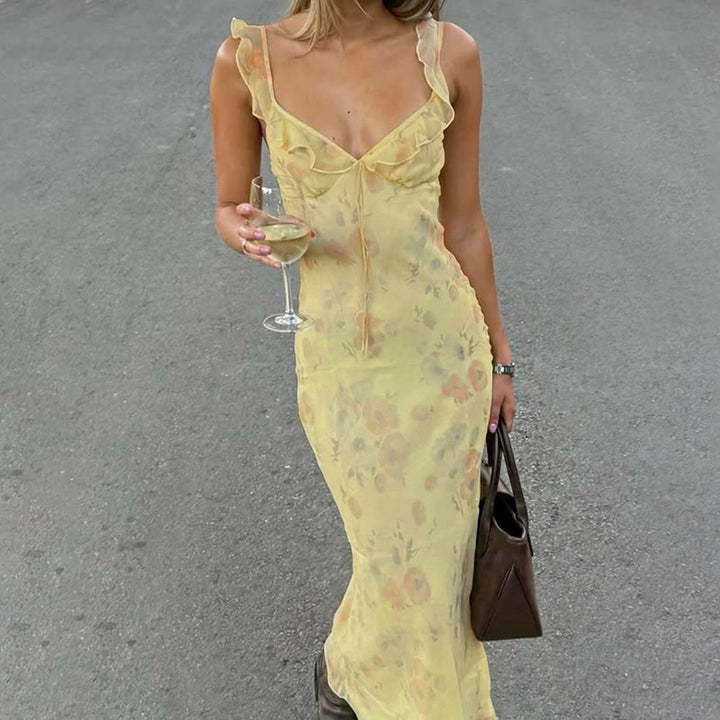 Damen fließendes Maxikleid mit zarten Rüschendetails und floralem Muster Echo Archiv