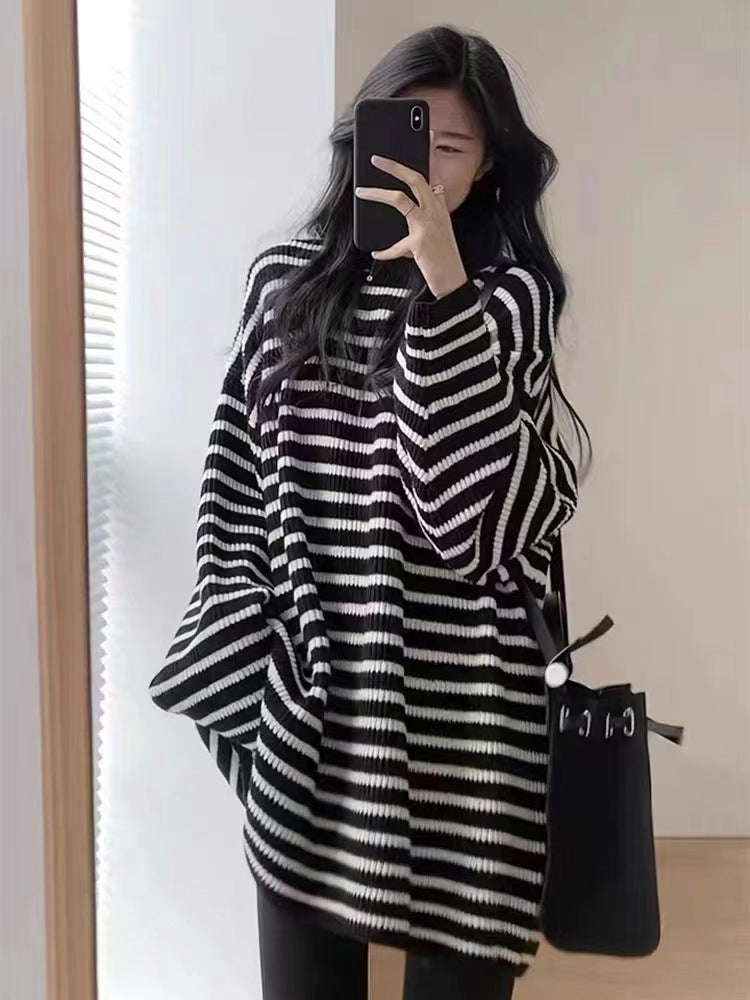 Damen Oversize Strick-Longpullover mit horizontaler Streifenstruktur Echoarchiv