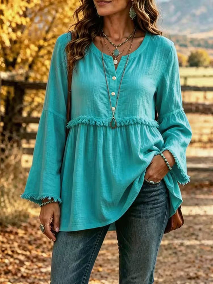 Damen Fransen-Tunika-Bluse mit V-Ausschnitt und Glockenärmeln – Élovi