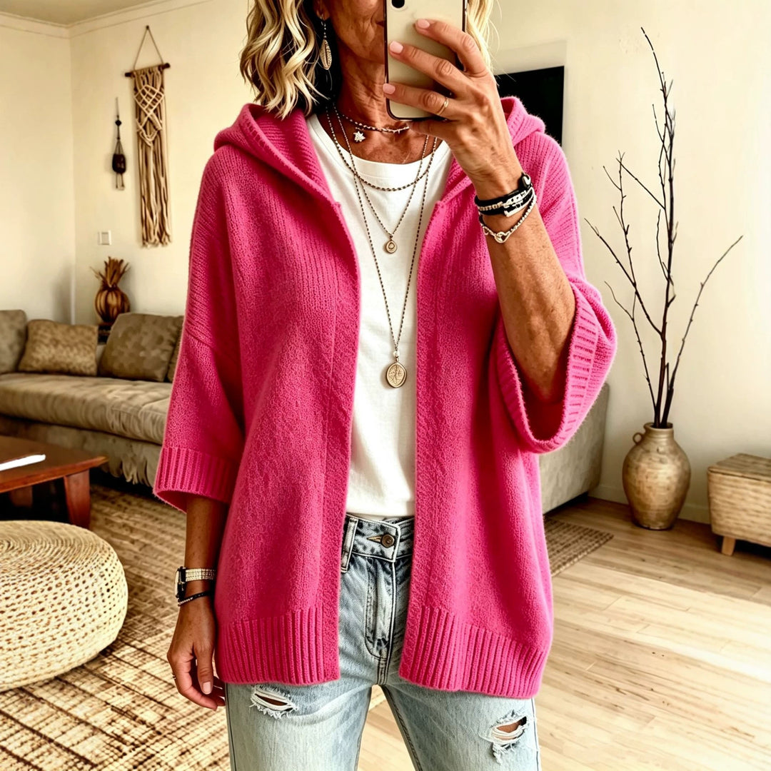 Damen Kapuzen-Longcardigan aus grobem Strick mit 3/4-Ärmeln und offener Front – Veloura
