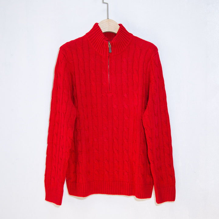 Herren eleganter Strickpullover mit halbem Reißverschluss und Zopfstrickmuster Echoarchiv