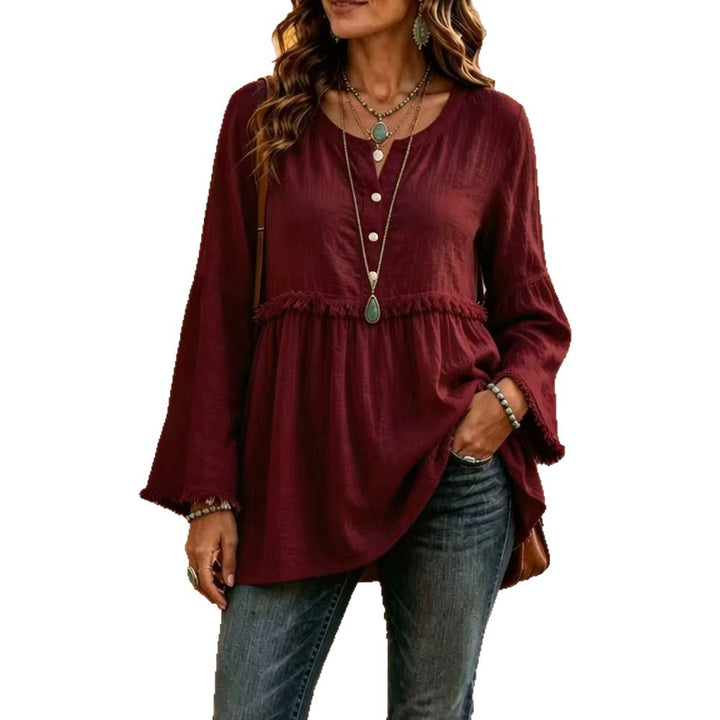Damen Fransen-Tunika-Bluse mit V-Ausschnitt und Glockenärmeln – Élovi