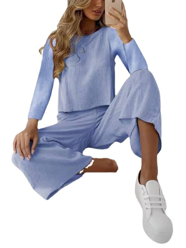 Damen Lässiges Leinenoptik-Zweiteiler Set mit Oversize-Langarmtop und weiter Palazzo-Hose – Élanora