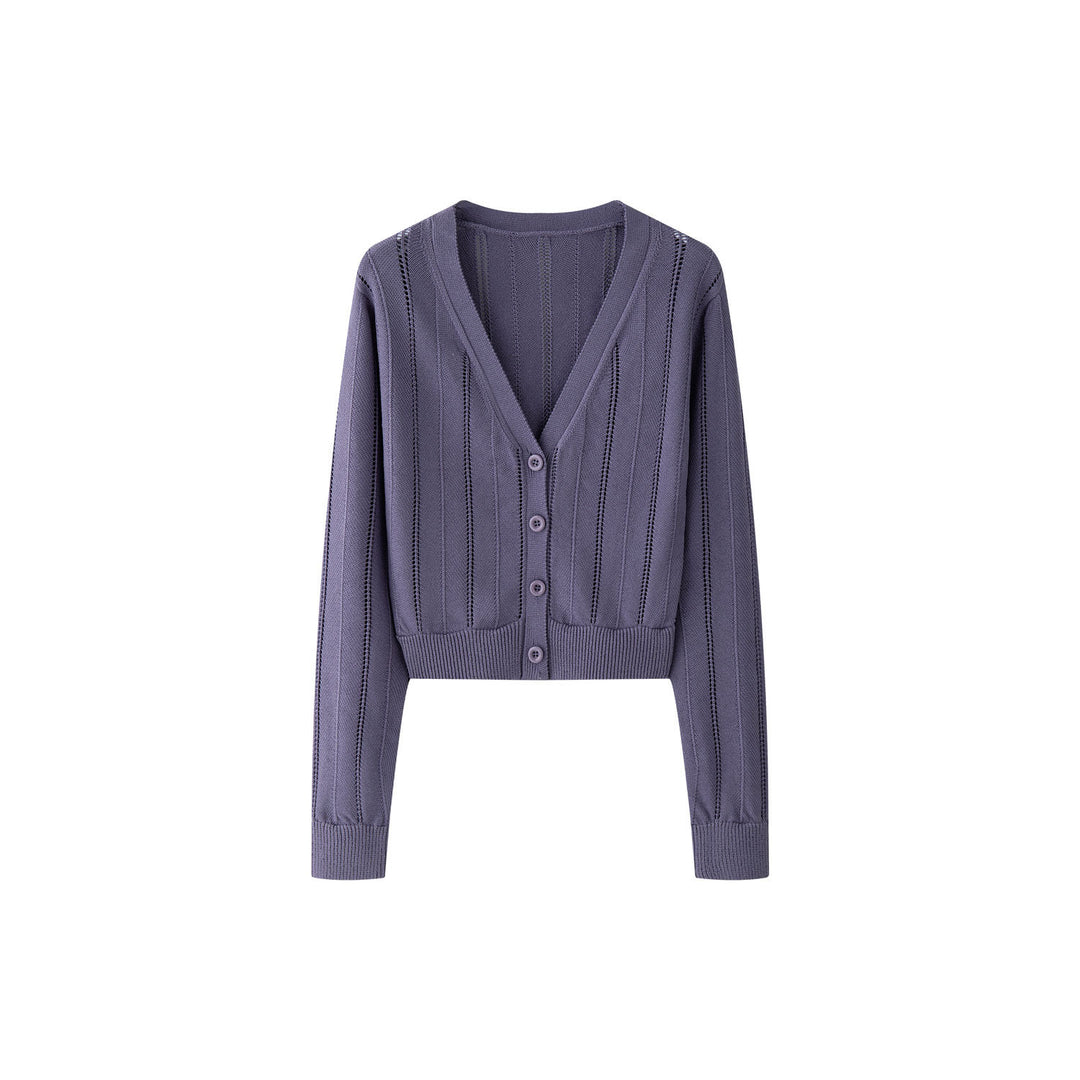 Damen Leichter Ajourstrick-Cardigan mit V-Ausschnitt und tailliertem Rippbund Echoarchiv