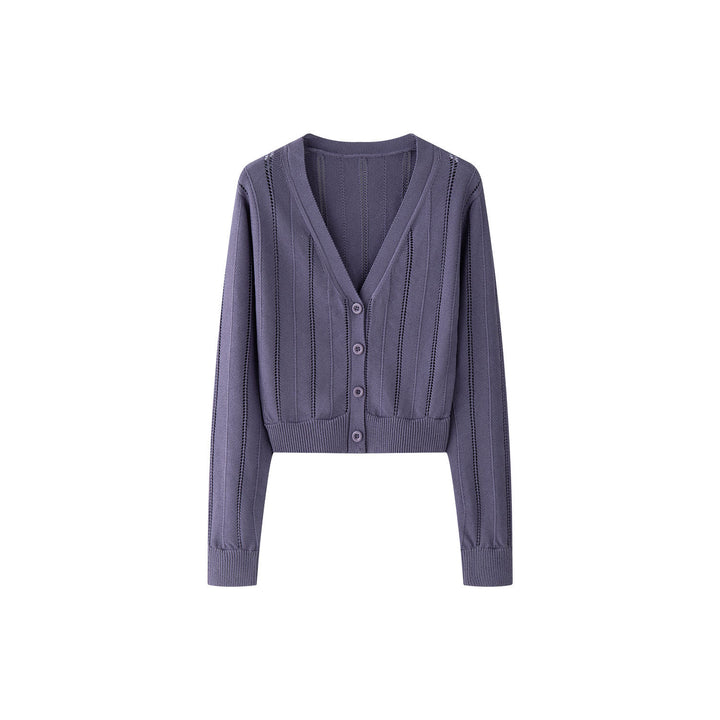 Damen Leichter Ajourstrick-Cardigan mit V-Ausschnitt und tailliertem Rippbund Echoarchiv