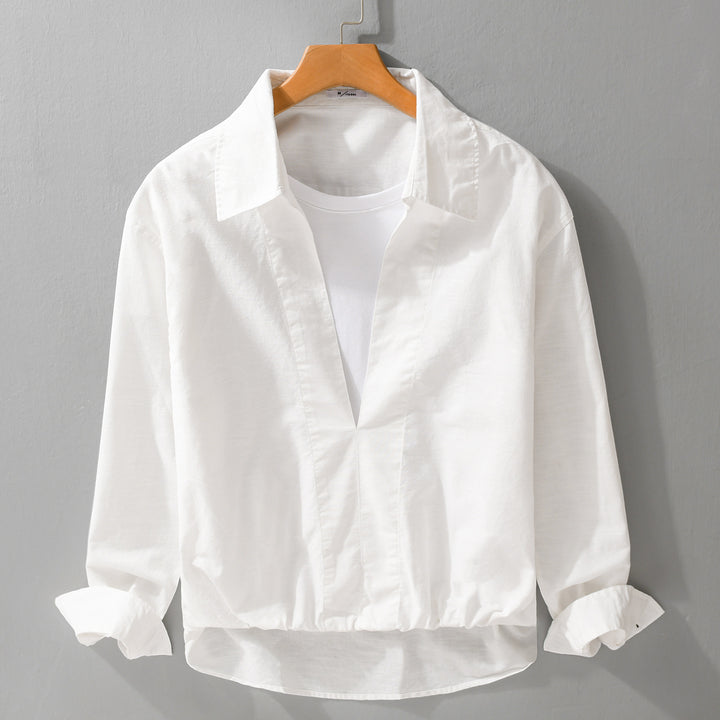 Herren Leichtes Leinen-Overshirt mit V-Ausschnitt, Hemdkragen und elastischem Saum Echoarchiv