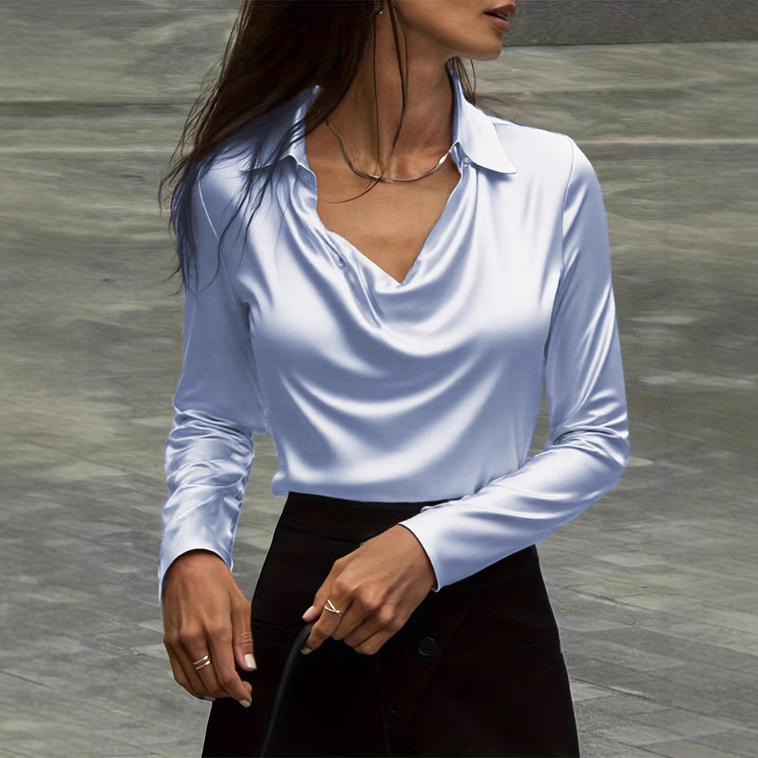 Damen Satinbluse mit Wasserfallkragen und Hemdkragen Echoarchiv