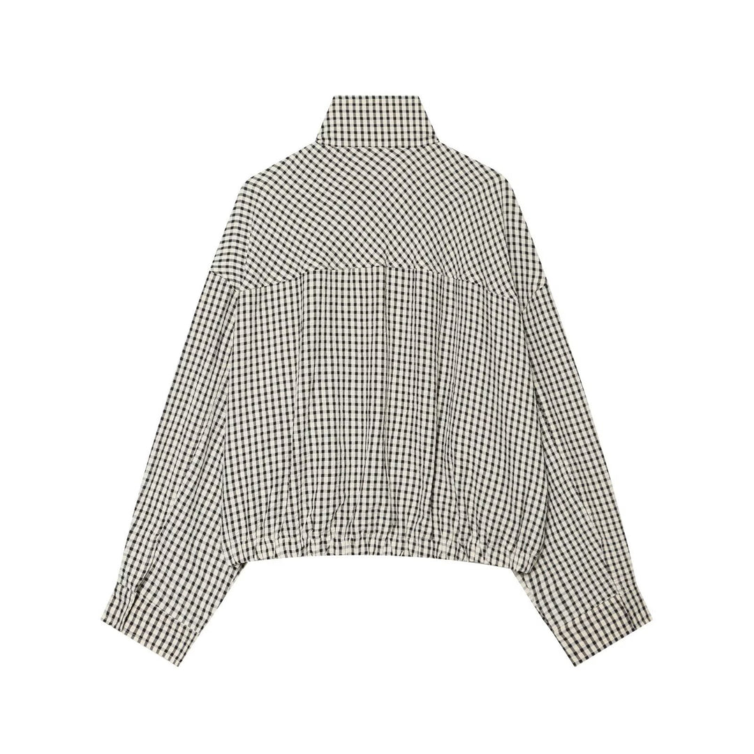 Damen Oversized Karo‑Jacke mit Stehkragen und gerafftem Saum Echo Archiv