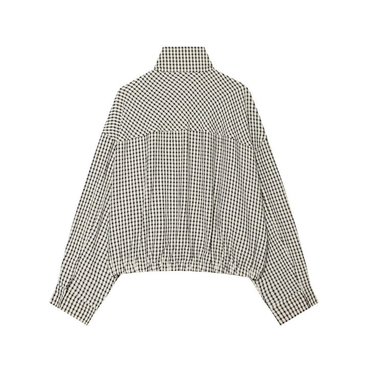 Damen Oversized Karo‑Jacke mit Stehkragen und gerafftem Saum Echo Archiv