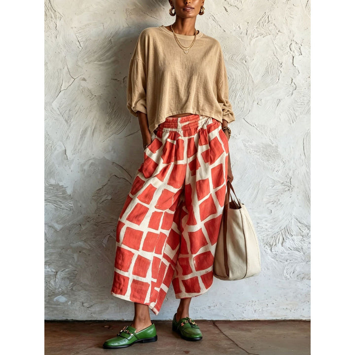 Damen Gemusterte Culotte-Palazzohose mit weitem Bein, elastischem Bund und Eingrifftaschen Echoarchiv