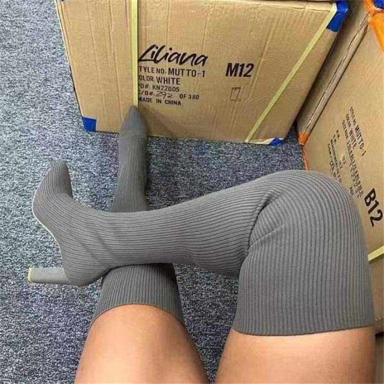 Damen Overknee-Stretch-Stiefel mit Rippstrickschaft und spitzer Schuhspitze Echoarchiv