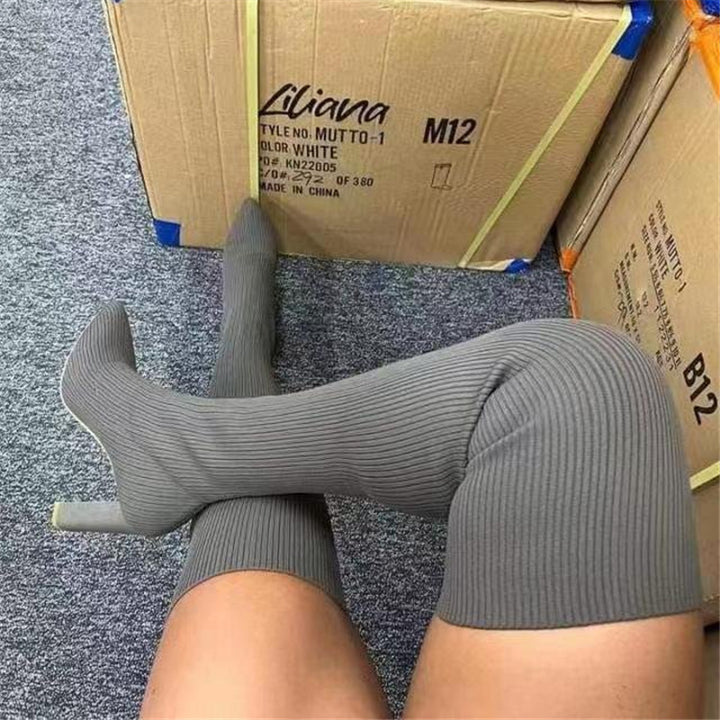Damen Overknee-Stretch-Stiefel mit Rippstrickschaft und spitzer Schuhspitze Echoarchiv